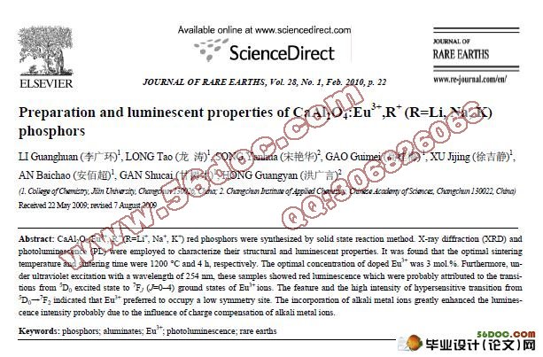 CaAl2O4:Eu3+,R+ (R=Li, Na, K)ӫ۵ķܼƱ