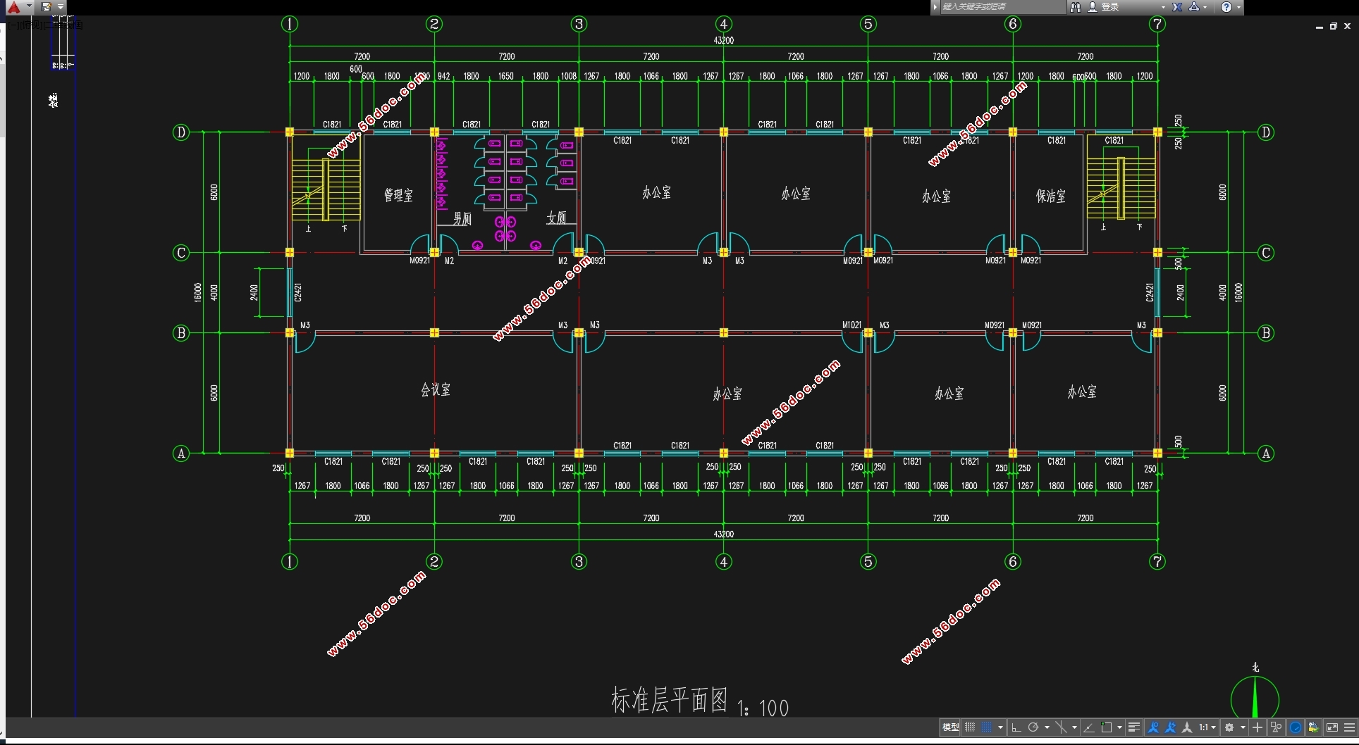 四层2764平米南京某科技园办公楼设计(含建筑图结构图)