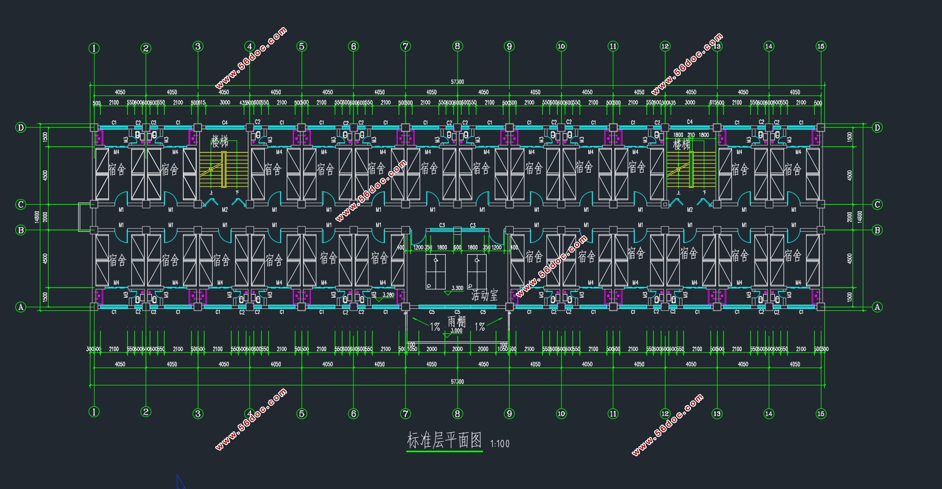 四层3346平米常州某大学学生宿舍楼设计(含建筑图结构图)