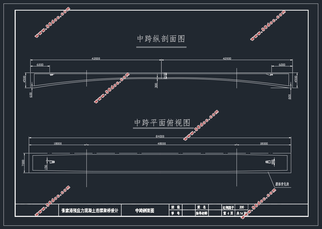 张家港预应力三跨变高度连续梁桥设计(54+84+54m)(含CAD图)